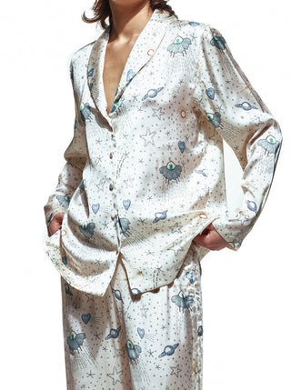 White Ufo Long Silk Pajama Set